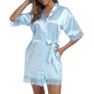 Women's Lace Trim Kimono Robe Bride Bridesmaids Wedding Shower Satin Short Robe Bridal Party Nightgown