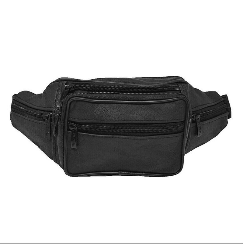 Black Genuine Leather Fanny Pack - Stylish Waist Bag with 3 Compartments & 5 Front Pockets - Ideal for Travelers & Daily Use - Hands-Free Crossbody Purse