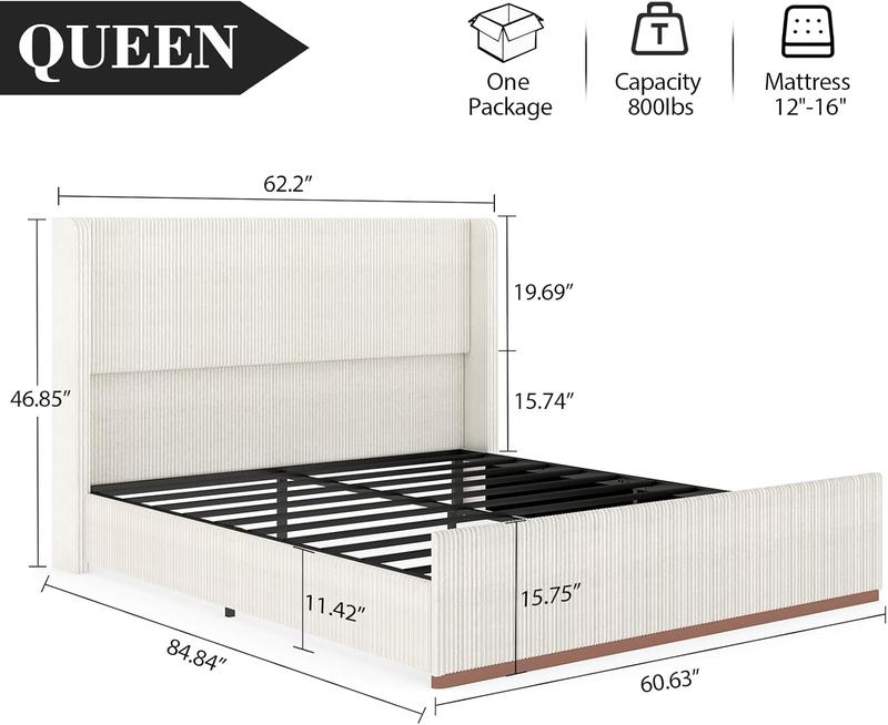 Queen Size Upholstered Bed Frame, Soft Corduroy Platform Bed with 47" Luxury Wingback Headboard, Solid Steel Slats Support, No Box Spring Needed, Noise Free, Easy Assembly, Cream