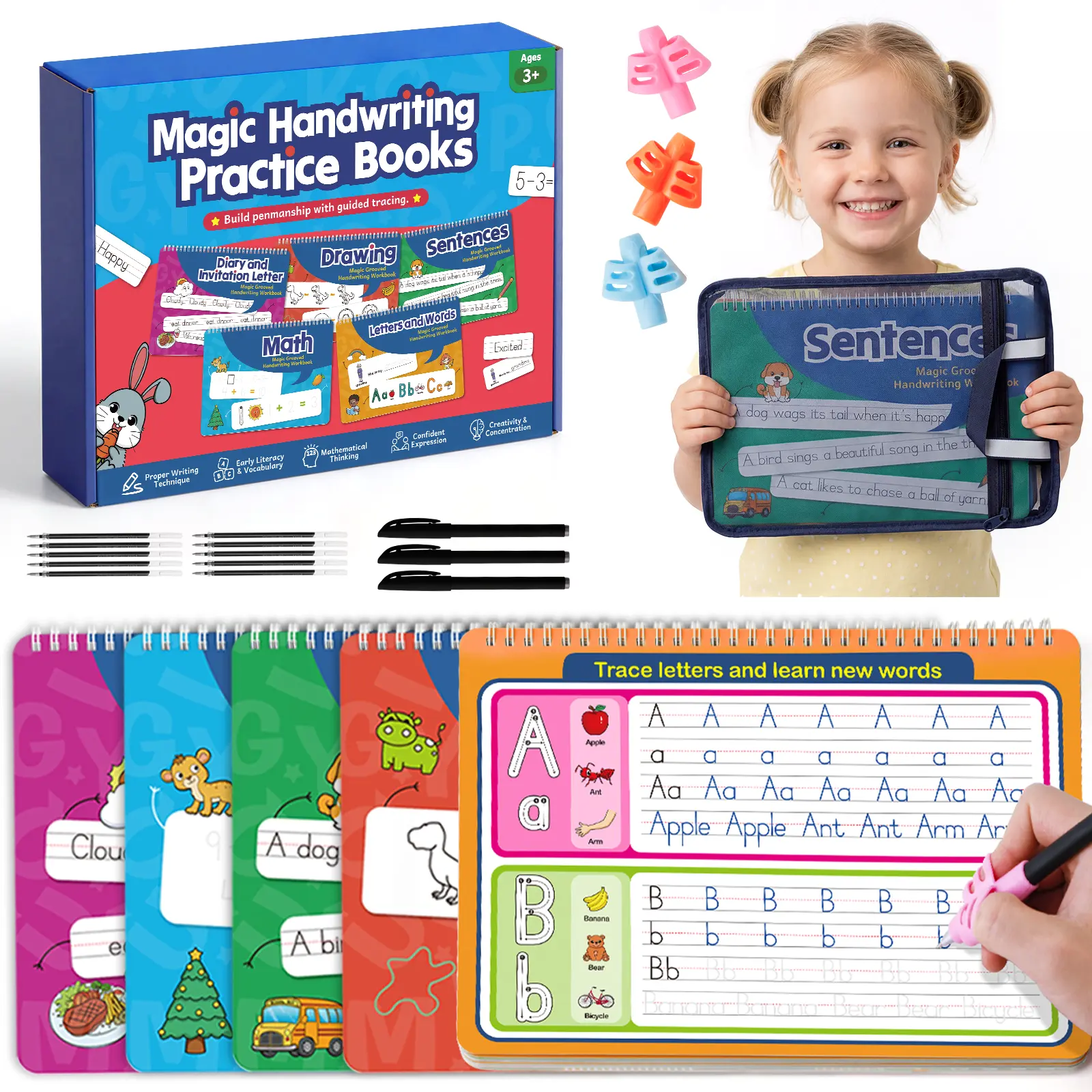 Reusable Preschool Tracing Workbooks Set - Ages 3+  Montessori Language Toys, Tracing Preschool Books, Visual Learning Tools for Letters, Numbers, Drawing, Fine Motor Skills, Kindergarten Readiness Screen-Free Toy