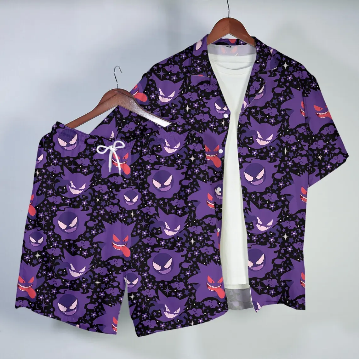 Gengar Hawaiian Shirt Tropical Button Up Shirt Summer Beach Short Neon Ghost Pattern Matching Set Unisex Outfit Gengar Shirt Gifts