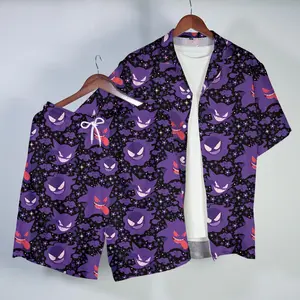 Gengar Hawaiian Shirt Tropical Button Up Shirt Summer Beach Short Neon Ghost Pattern Matching Set Unisex Outfit Gengar Shirt Gifts