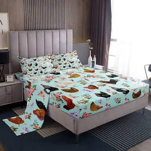 Feelyou Animal Theme Microfiber Bed Sheets Set - Hen Rooster & Floral Rose Patterns, Deep Pocket Fitted Sheet, Breathable Durable, Decorative for Farmhouse Bedroom Decor