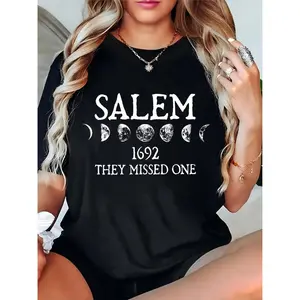 Women's Salem 1692 Moon Phases T-Shirt | Halloween Witchy Casual Top, They Missed One Graphic Tee for Spooky Season & Witchy Enthusiasts 100% Cotton T-shirt
