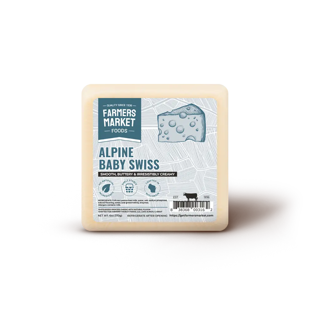 Farmers Market Foods Alpine Baby Swiss Baking Cheese Block - Wisconsin-Made, Mild & Creamy, Gluten-Free, Keto-Friendly, 0 Sugar, Low Sodium Snack, 6oz