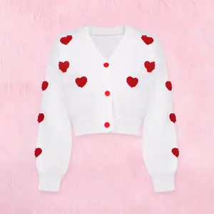Cute cropped knit cardigan with red heart embroidery and button front perfect for date night Valentines or girly fall looks-D2312108