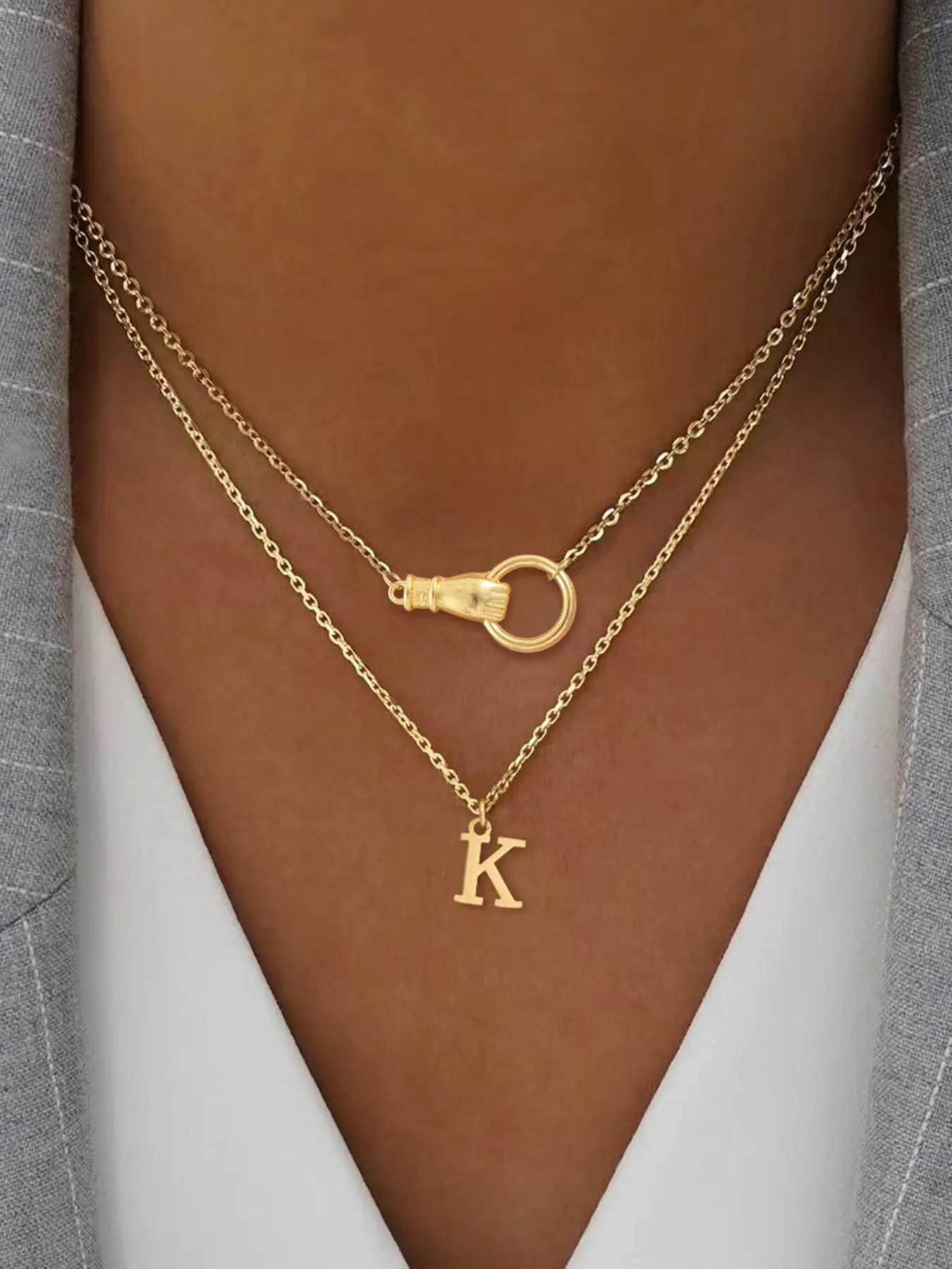 Women's Holding the Ring Letter Pendant Necklace Set, Stainless Steel Chain Design, Elegant Multi-Layered Jewelry for All Occasions