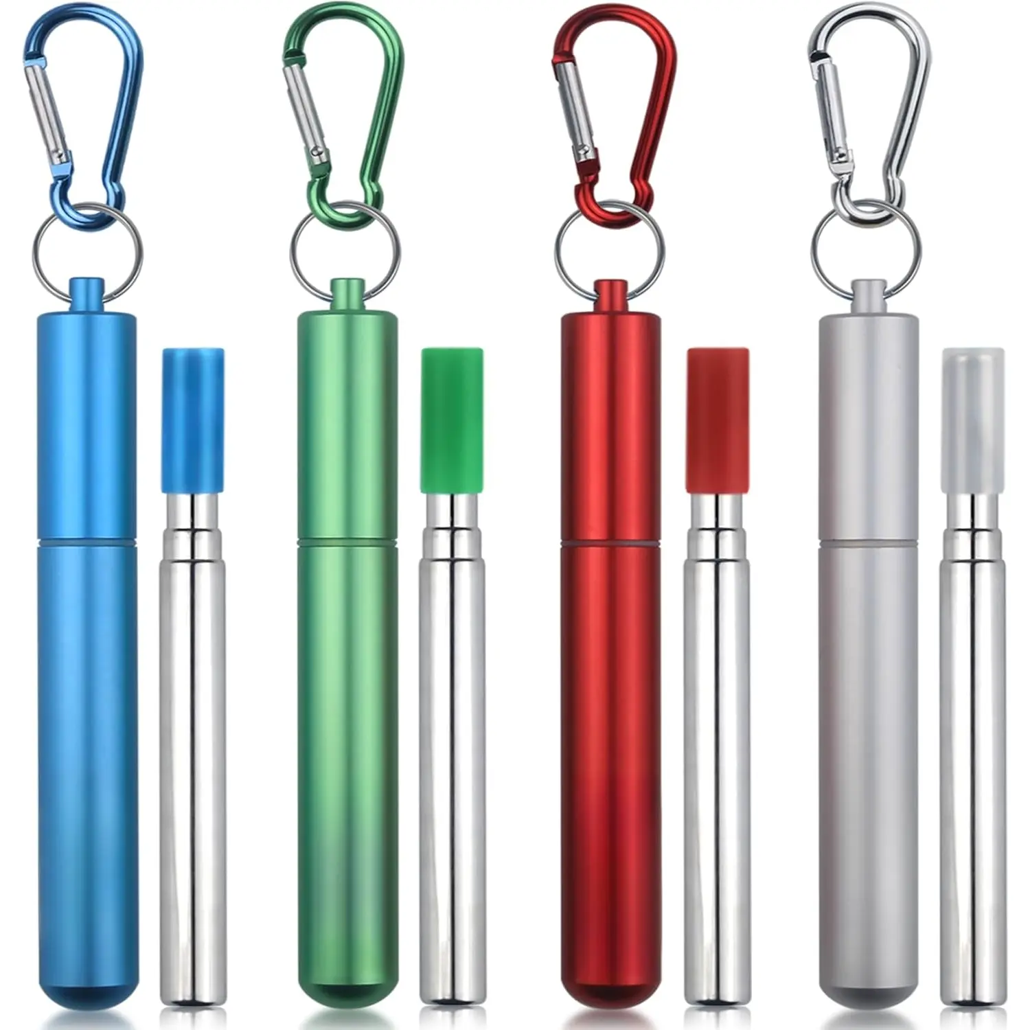 Compact & Portable 4-Pack Collapsible Stainless Steel Drinking Straws with Aluminum Case, Cleaning Brush, Keychains & Carabiner Hook - Cruise Ship Essentials for Thanksgiving, Birthdays, Christmas (Blue, Red, Green)