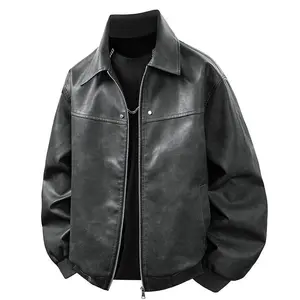 New Simple Casual Loose Fit Men’s Leather Jacket with Lapel and Zipper Design, Pilot Style, for Spring and Autumn Casual Wear