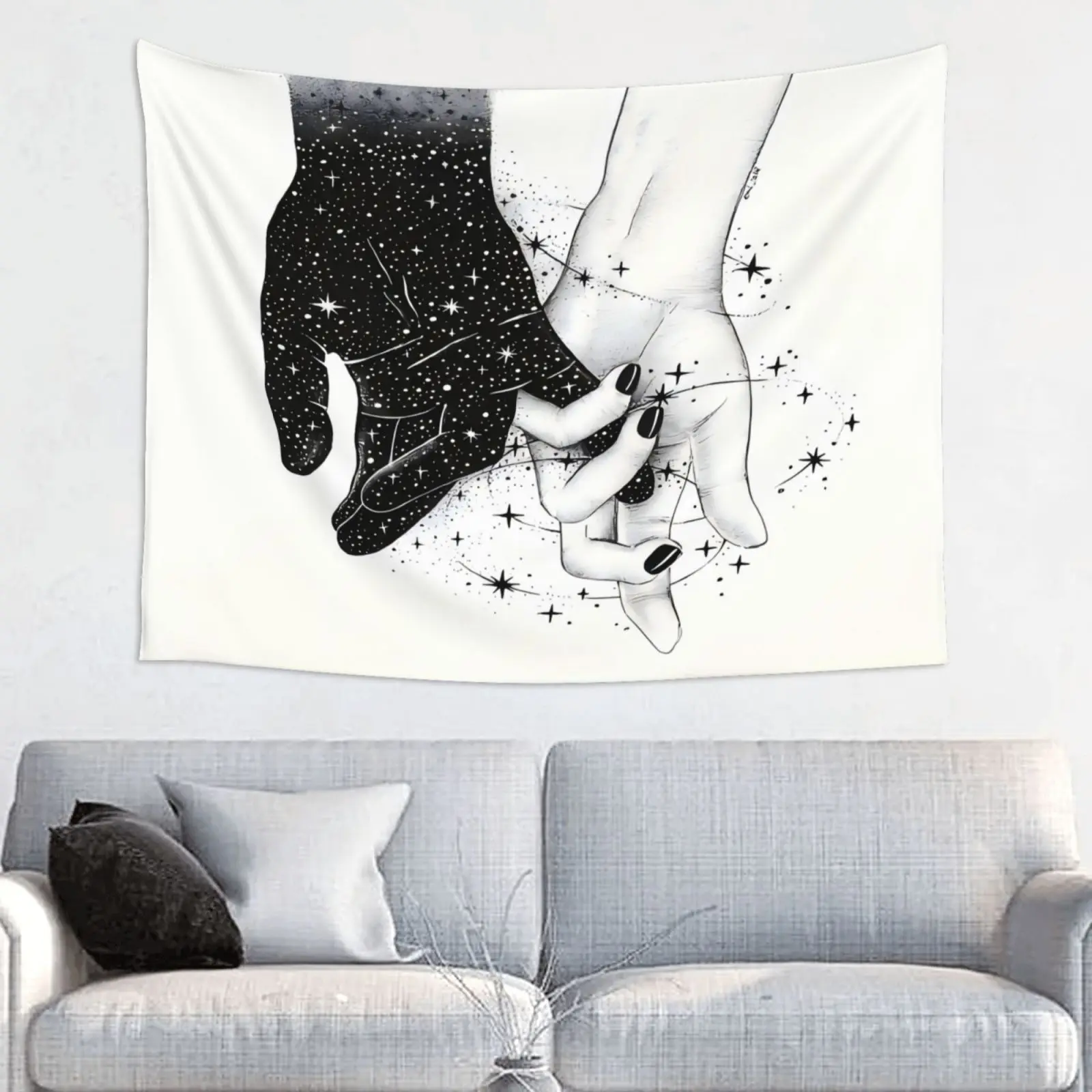 Heart Motif Black and White Handprint Polyester Canvas Tapestry - Valentines Day Indoor Decor, 28.7x37.4in/59x78.74in, Machine Washable Room Art for Living Room, 1pc, Decor Inspo