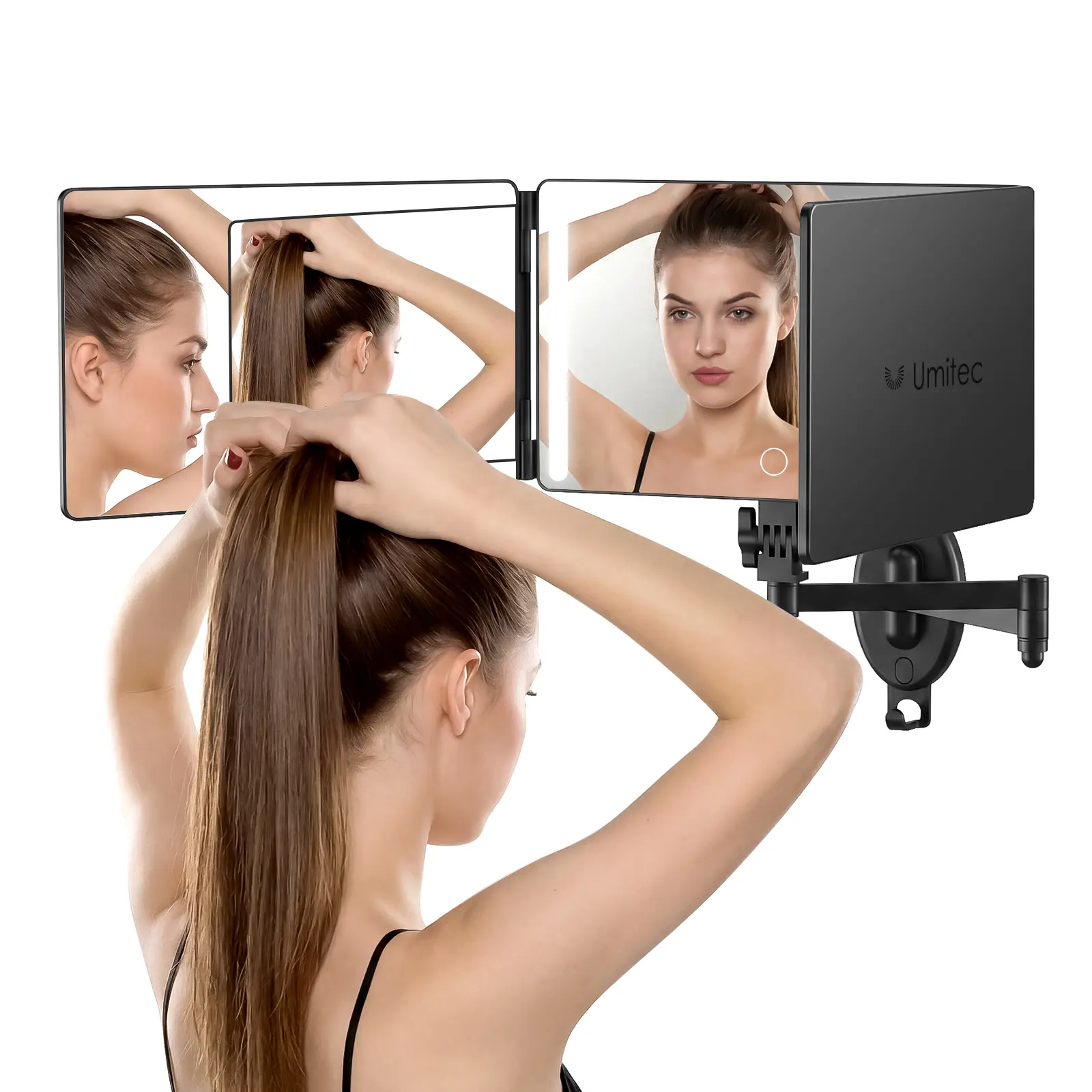 Umitec Medium Size 3-Way Mirror with Adjustable LED Light, Wall-Mounted Trifold Mirror with 360° View for Shaving, Haircutting, Makeup and Grooming Decor