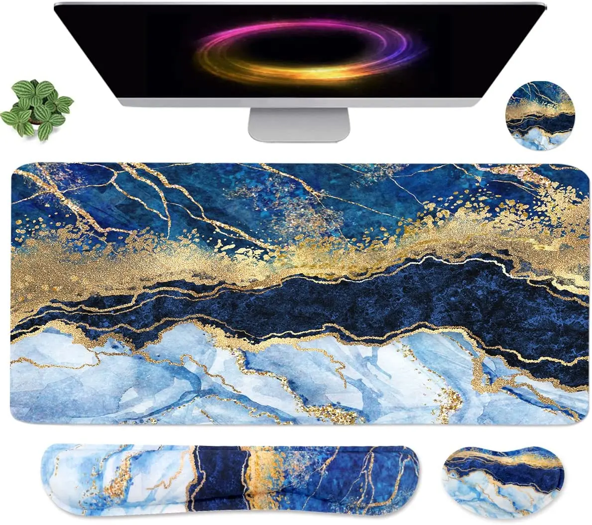 4-In-1 Large Gaming Mouse Pad, Keyboard Wrist Rest Pad & Wrist Support Mousepad Set, Extended Desk Pad Waterproof Desk Mat for Home Office Study Game - Blue Gold Marble WB WEIRDBEAST
