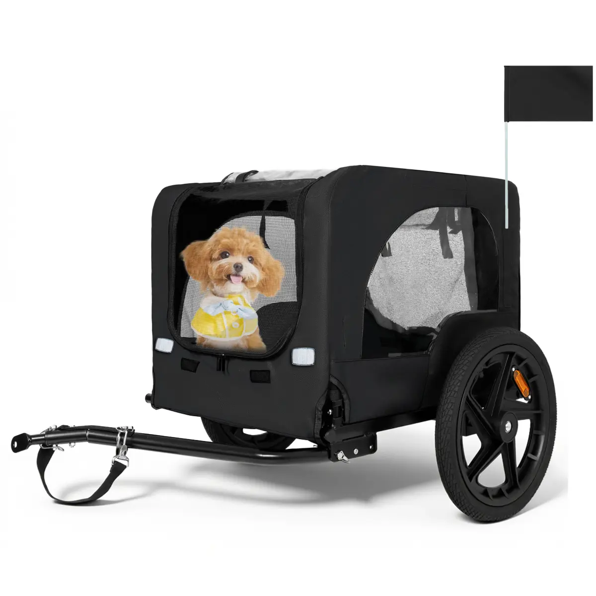 Outdoor Heavy-Duty Collapsible Pet Bike Trailer with 16-Inch All-Terrain Wheels, Universal Hitch, Zipper, Reflective Strips – 22 lbs Capacity, 23.62" L x 17.71" W x 27.56" H Foldable Dog/Cargo Carrier Cart for Bicycles, Black, Road Trips, Night Visibility