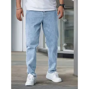 [Classic Fit Light Blue Jeans] Light Blue Classic Fit Jeans - Cotton Blend Non-Stretch Denim, All-Season Street Style, Solid Color, Regular Length