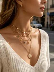 4 Pcs Boho Summer Layered Sun Coin Necklace Set, Colorful Gemstone Pendant Stack Geometric Disc Fringe Chain, Vintage Jewelry for Women, Dainty Boho Necklace