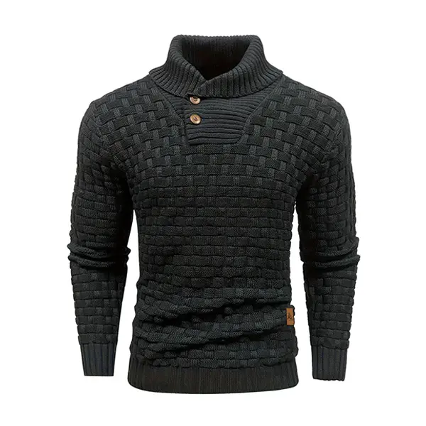 Men's Casual Solid-Color Ribbed Knit Sweater - Soft, Stretchy Long Sleeves, Vintage Classic Collar, Regular Fit, Workwear Business Pullover for Autumn-Winter, Textured Grid Design
