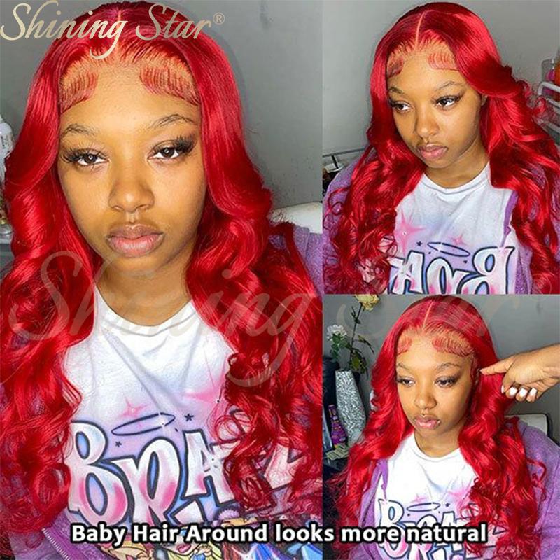 ShiningStar Red Body Wave 13X1 HD Transparent Lace Front Human Hair Wigs for Women Colored Brazilian Deep Part Wig 28INCH