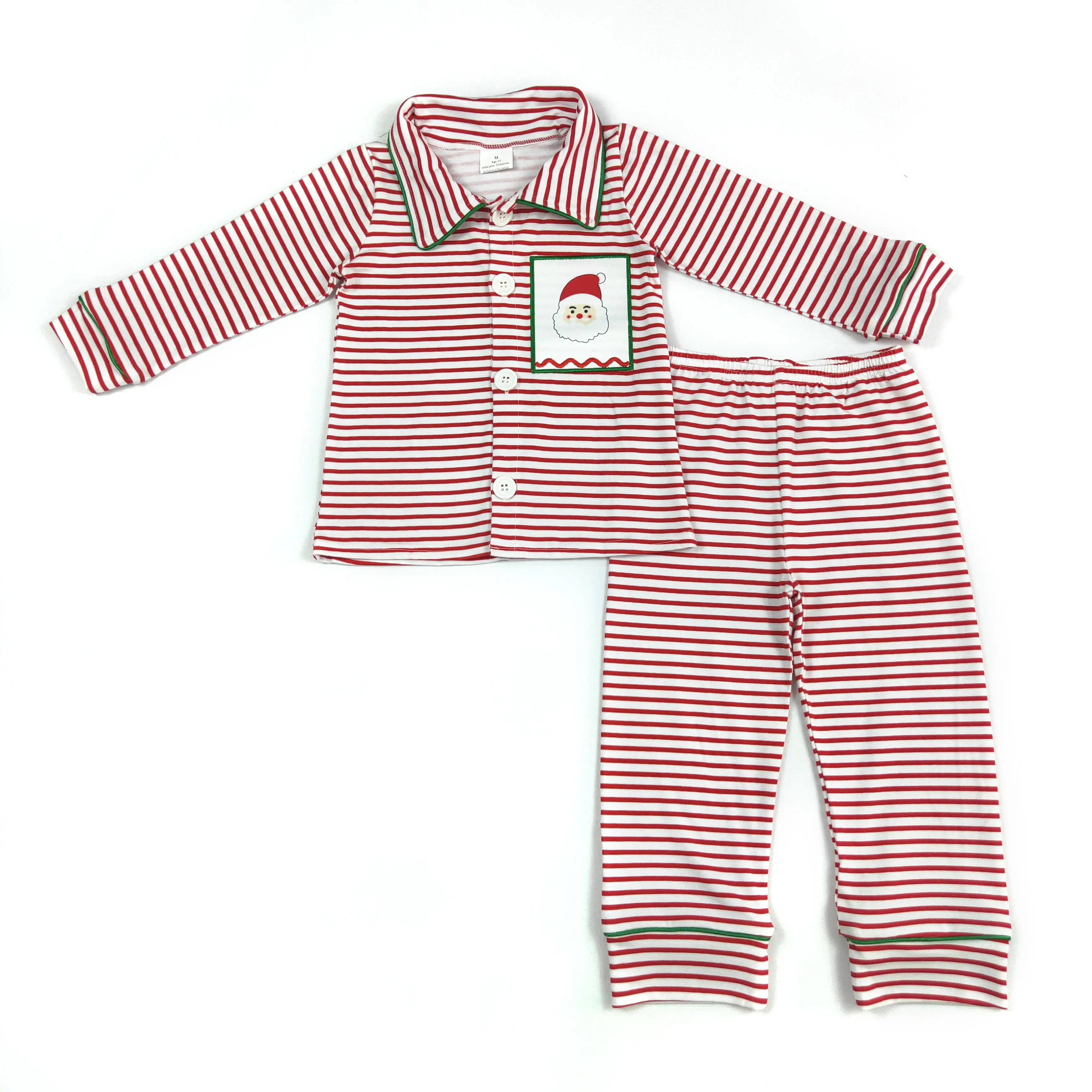 Kids' Striped Print Christmas Embroidered Cute Pajama Sets, Soft Casual Santa Pyjama Set Sleepwear