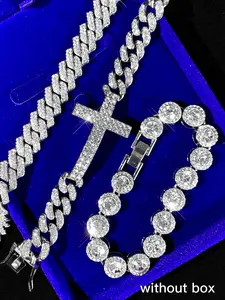 Hip Hop Exquisite Thick Cuban Chain Bracelet Set, Cuban Link Bracelet, Cuban Bracelets, Punk Style Rock Sugar Chain & Splicing Cross Design, Unisex Jewelry Accessory