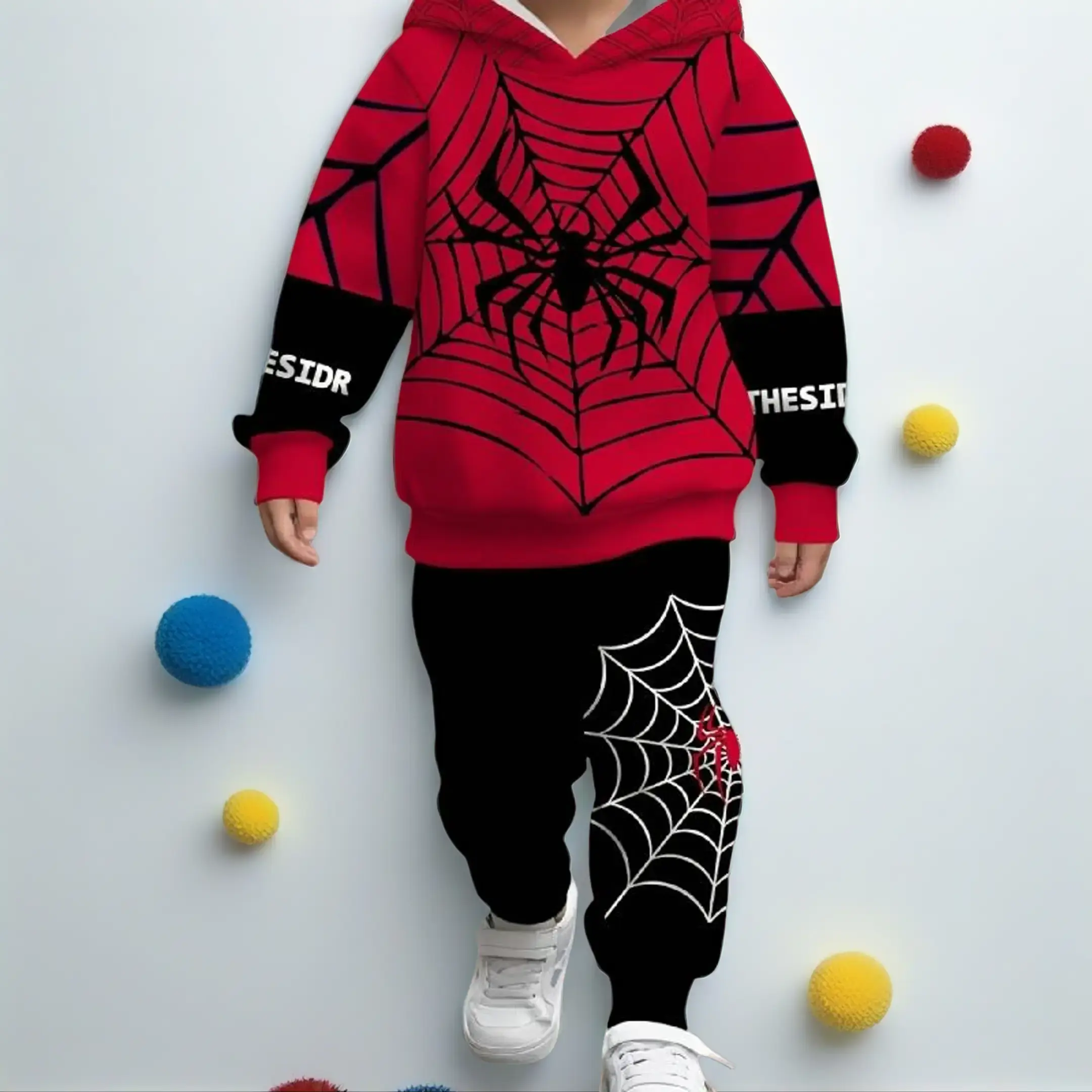 Baby Boy Hooded Sweatshirt Set, Cool Spider Print, a Casual and Comfortable Set for Spring and Autumn Outings, Perfect for Outdoor