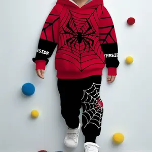 Baby Boy Hooded Sweatshirt Set, Cool Spider Print, a Casual and Comfortable Set for Spring and Autumn Outings, Perfect for Outdoor