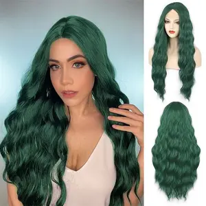 Green Wigs For Women Long Wavy Synthetic Halloween Wig Cosplay Daily Party Use Heat-Resistant Fiber Wig
