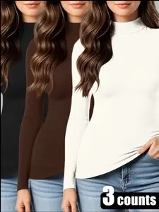 1/2/3 Counts Women's Plain Turtle Neck Long Sleeve Tops, Ladies Casual Comfy Tshirt for Fall & Winter,Stylish Thermal Tee, BasicTops, Slim Fit Cute Teen Y2K Fall Winter Clothes 2025, Thermal Underwear, Womenswear, Suitable For Daily Wear, Fashion Outing