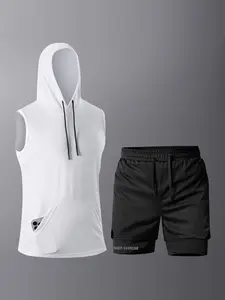 Men's Solid Hooded Tank Top & Shorts Set, Breathable Quick Drying Sports Set, Men's Summer Clothes for Gym Workout Running, Tracksuit Set