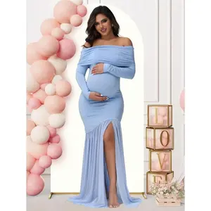 Maternity long-sleeve off-shoulder dress in a solid color with mesh panels and a slit hem—perfect for baby shower photos and parties
