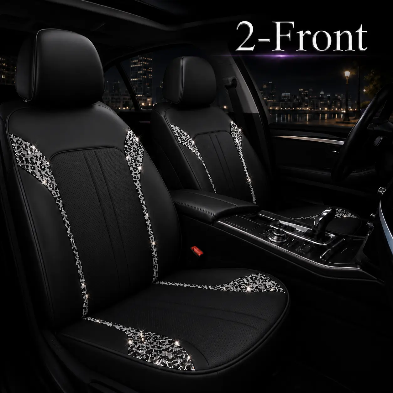 Queen’s Land 2 Front Bling Leopard Leather Car Seat Covers for Girls Women, Sparkly Diamond Crystal Rhinestones Universal Front Leather Seat Cover Car Decor Accessories Gift Pink Red Black Leopard Car Accessories for Truck SUV