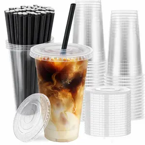 50 Sets 32 oz Clear Plastic Cups with Lids and Paper Straws, BPA-Free To-Go Cups for Iced Coffee, Boba, Smoothies & Takeaway Drinks