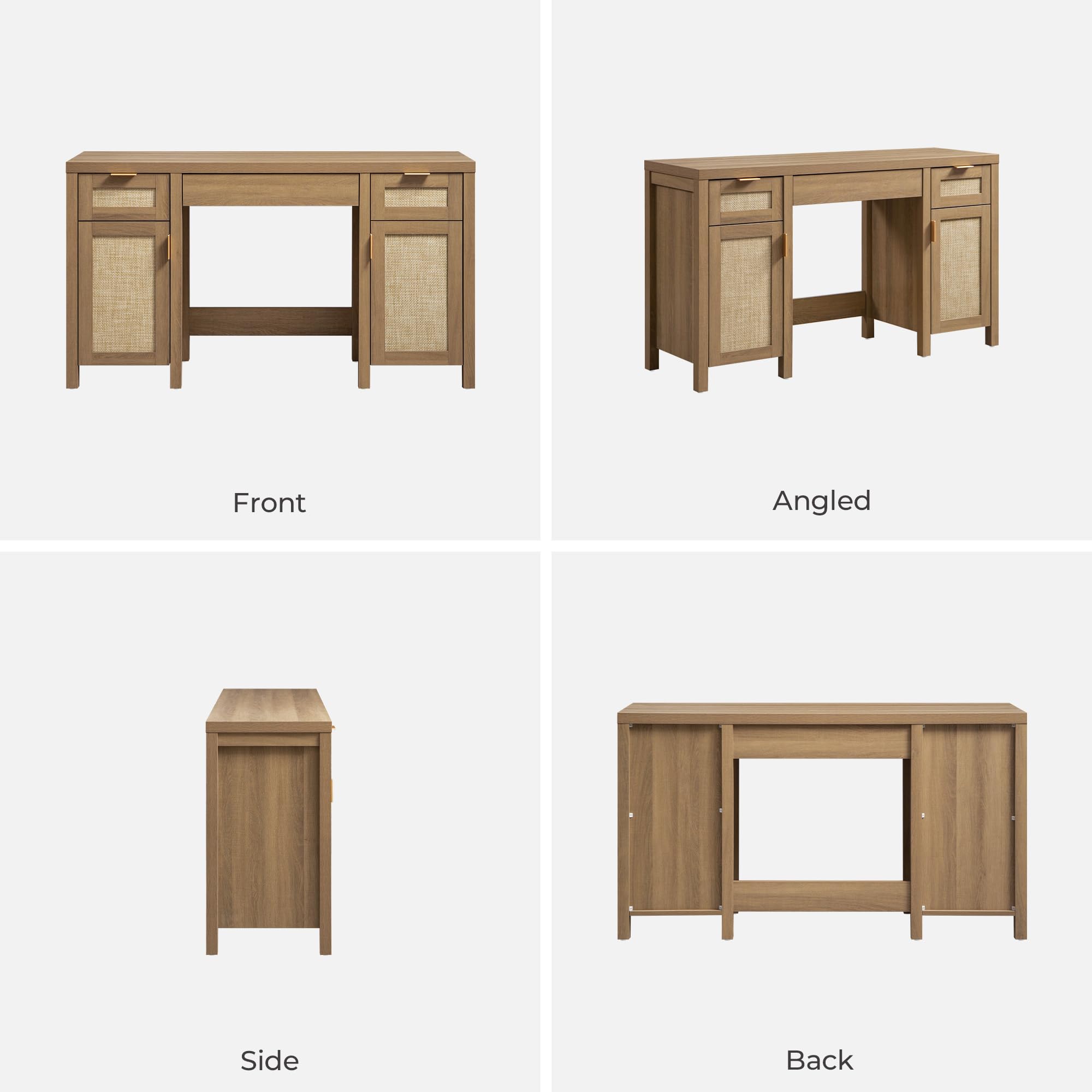 SICOTAS Rattan Vanity Home Office Desk - 52" Large Farmhouse Boho Makeup Vanity Dressing Table with 3 Drawers & 2 Storage Cabinets, Vanities Desk for Makeup Room,Bedroom, Home Office