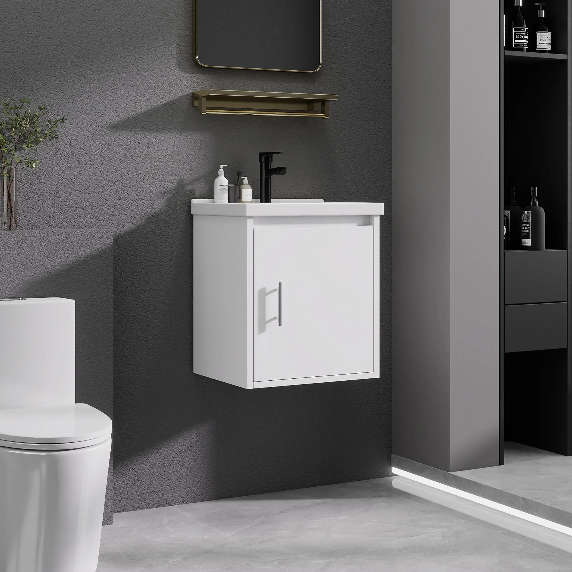 16 Inch Wall‑Mounted Floating Bathroom Vanity With Sink, Plywood Cabinet, Ceramic Sink Top, Soft‑Close Single Door, Bathroom Storage Vanity