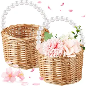 Set of 2 Wicker Rattan Flower Girl Basket with Pearl Handle for Rose Petals Candy Storage Ideal for Rustic Wedding and Home Decor 5.9 x 7.87 x 3.94 Inches (Without Ribbon Bow)