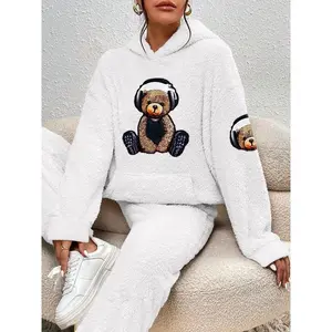 Women’s plush hooded sweatshirt with cartoon bear print, autumn–winter casual long-sleeved hoodie, fashionable everyday top for women