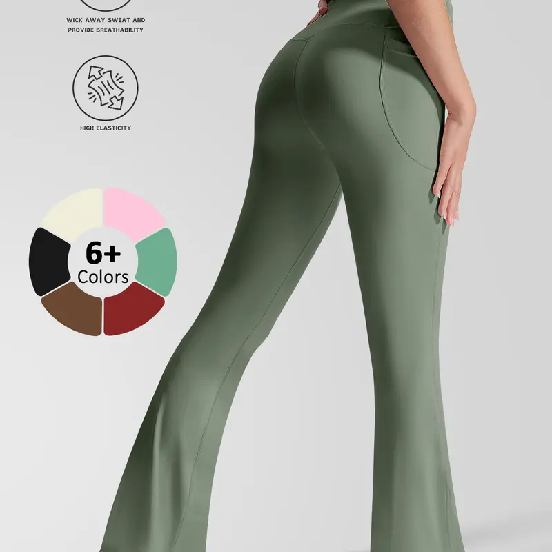 Women's High-Waisted Tummy-Control Flare Leggings - Yoga Pants for Women with Side Pockets, Ruched Base Layer, Silky-Smooth Skin-Friendly Quick-Drying Polyester Blend Fabric, All-Seasons Female Gym Workout Sports Bottoms