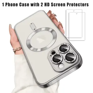 Phone Case: 3pcs Set [1 Phone Case + 2 Screen Protectors]Electroplated Pattern Magnetic Phone Case Compatible with iPhone 17E, 16E, 17, 16, 15, 14, 13, 12, 11 Pro Max and 14, 15, 16 Plus Series. Features a Luxurious Electroplated Transparent Design