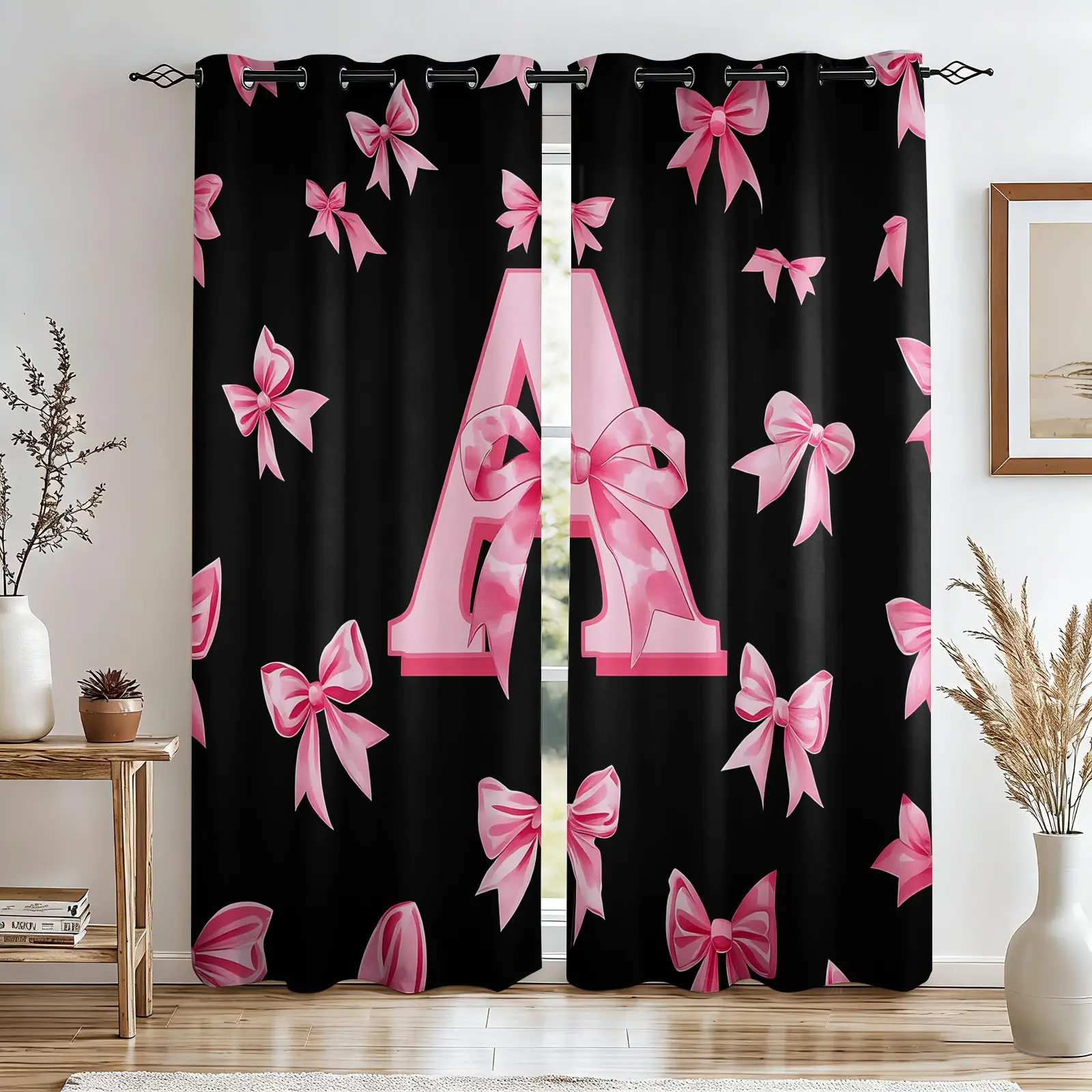 2 Panels Coquette Black Pink Bow Initial A-Z Printed Curtains,80%-90% Light Blocking Darkening Curtains,Thermal Insulation & Privacy Protection,Perfect for Girls Teens Bedroom, Dorm, Living Room,All Season,Thermal Insulated Curtain