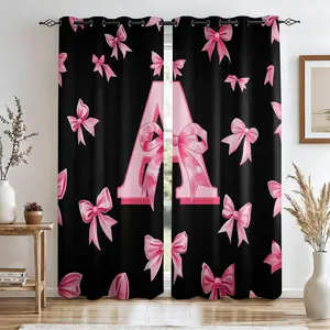 2 Panels Coquette Black Pink Bow Initial A-Z Printed Curtains,80%-90% Light Blocking Darkening Curtains,Thermal Insulation & Privacy Protection,Perfect for Girls Teens Bedroom, Dorm, Living Room,All Season,Thermal Insulated Curtain