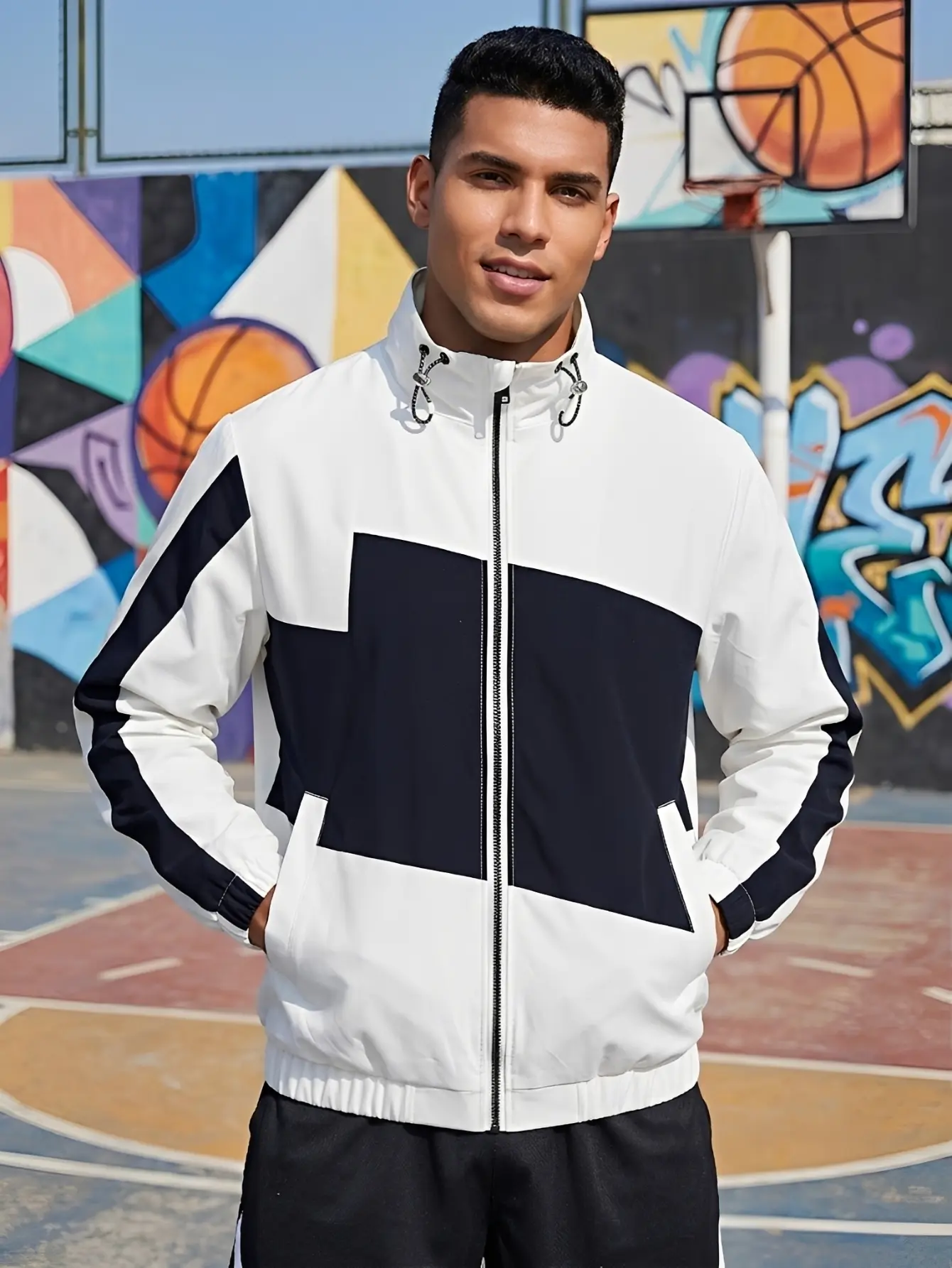 American Retro Color Block Stand Collar Windbreaker Jacket for Men, Black White Block Spliced Loose Casual Zip Commute Coat