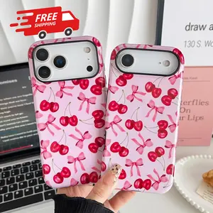 Compatible with iPhone 5 - 17 Pro Max Case, Cute Pink Cherry Bow Pattern with Shockproof Slim Soft TPU and Hard PC Protective Cover for Women, Compatible with iPhone 17 Pro Max Case Protection Protector