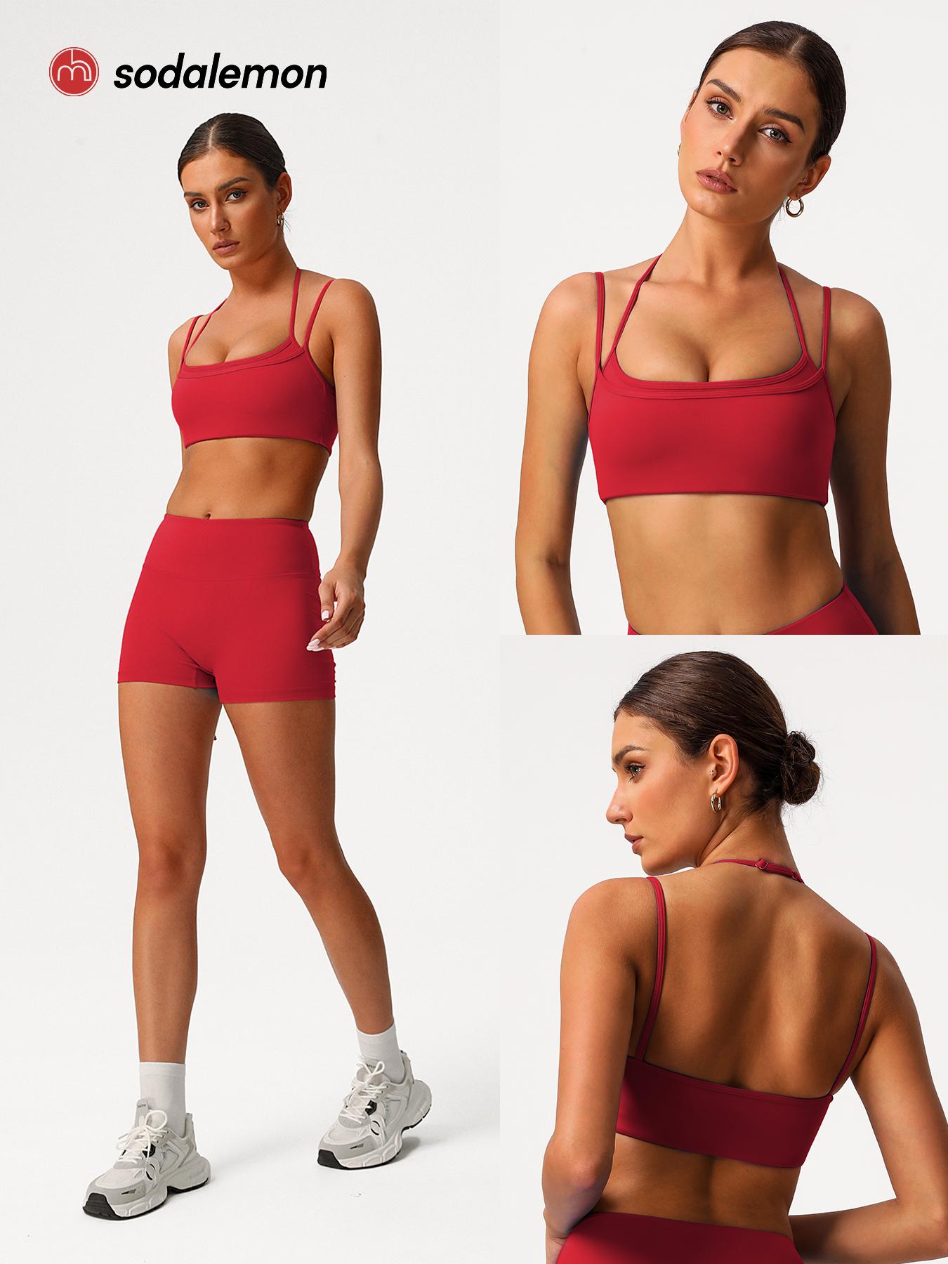 Sodalemon Women double layered-strap scoop-neck yoga sports bra, cropped open-back workout top, outdoor Pilates fitness sports bra
