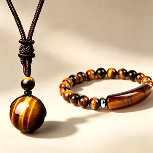 2Pcs Natural Yellow Tiger Eye Jewelry Set, Adjustable 26 Inch Handmade Braided Cord Round Bead Pendant Necklace + 8mm Tiger Eye Beaded Curved Tube Bracelet, Lucky Amulet Jewelry Gift For Men Women Birthday Anniversary