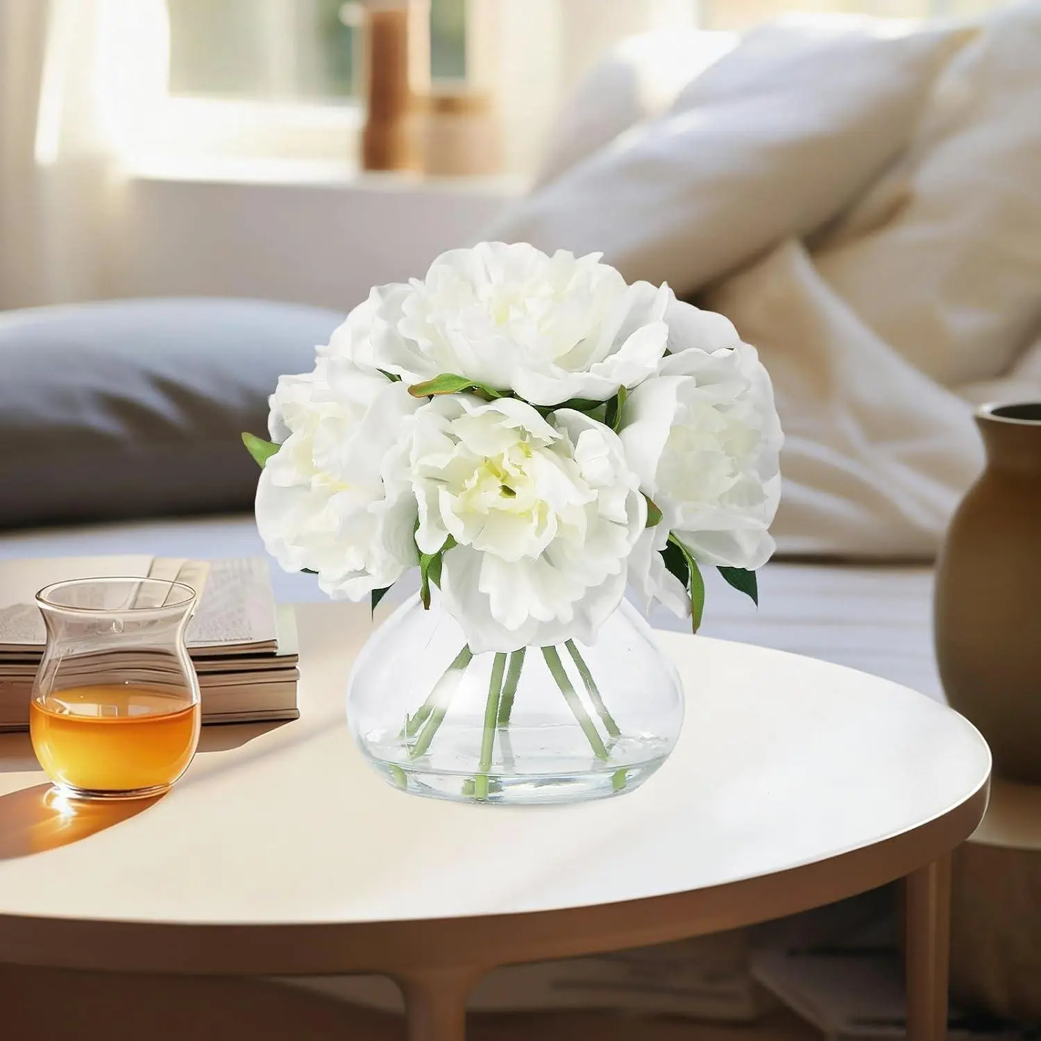 Faux Silk Peony Floral Arrangement Set - Fade-Resistant Champagne Tone Peony Bloom Bouquet in Glass Vase with Faux Water, Wedding Table & Home Decor Centerpiece Ornament, White, Realistic Look