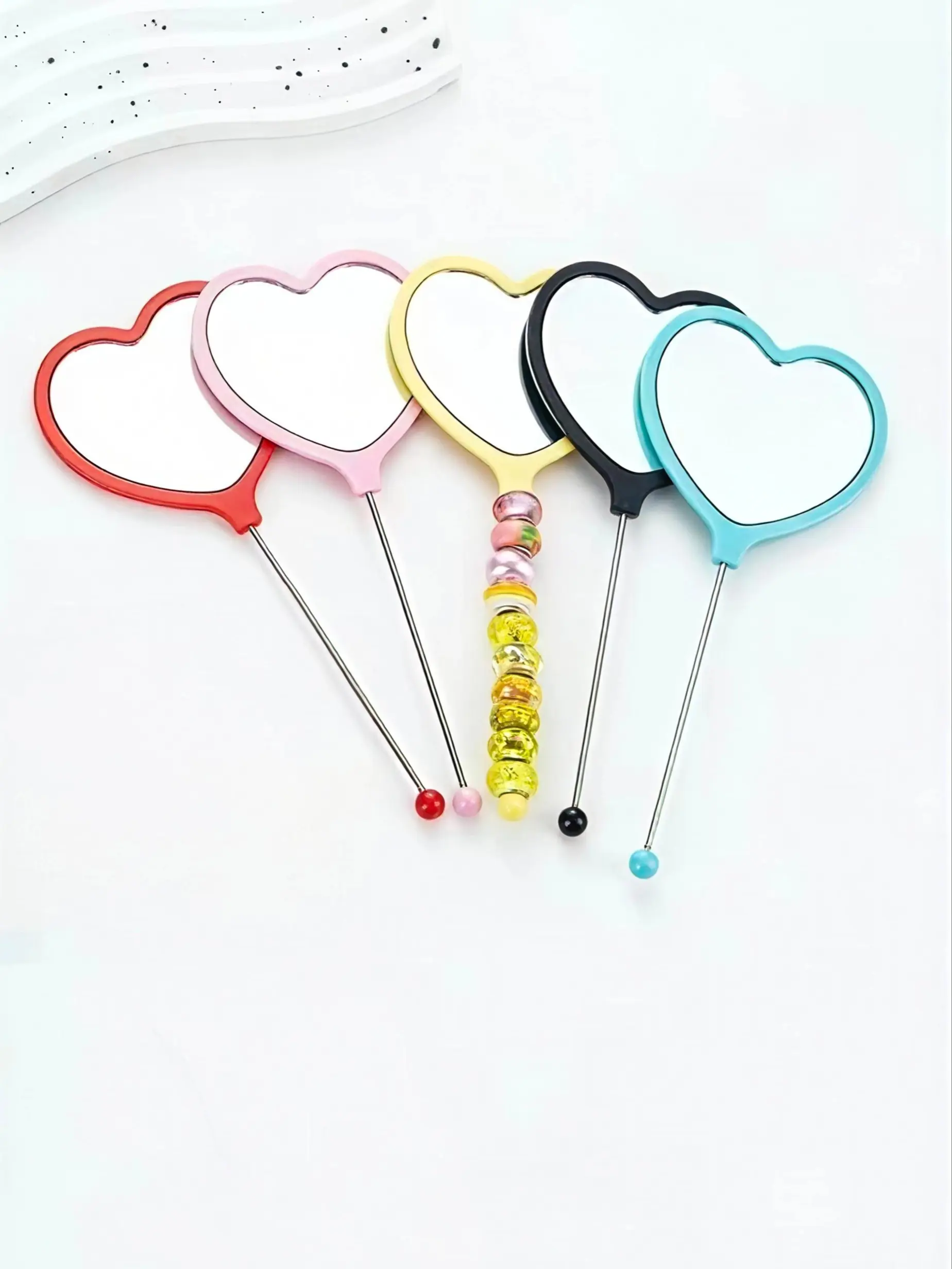 10 Cute Heart-Shaped Handheld Mirrors, Handheld Mirror With Handle, DIY Beaded Handle Makeup Mirrors, Portable Pocket Mirrors, Travel Makeup Mirrors, Eyelash Extensions, Mini