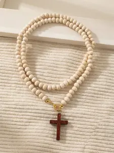 Natural Wood Bead Cross Necklace for Men Women, 80cm Long Rosary Prayer Beads Chain, Stainless Steel Clasp Christian Faith Religious Jewelry