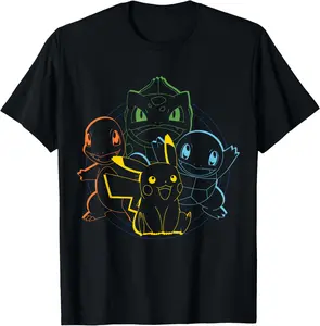100% Cotton - Pikachu Charmander Bulbasaur Squirtle Kanto Circle T-Shirt