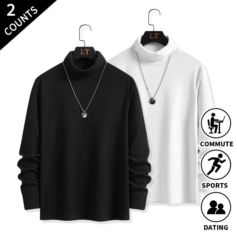 Men’s Turtleneck Thermal Long Sleeve Menswear Undershirts - 2-Pack, Slim Fit Elastic Polyester Blend Plain Base Layer, Casual Sportswear for Daily Commuting