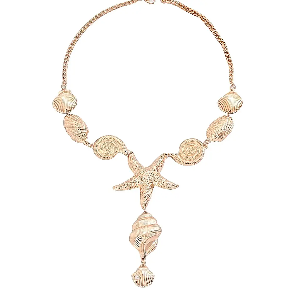 Female Artistic Retro 41cm-50cm Alloy Necklace, Hot-Selling Irregular Ocean Metal Starfish Pendant, Vintage Conch Shell Holiday Jewelry with Handmade Copper Initial Earring, Name Bracelet, Septum Piercing Accessory, Jade Accent
