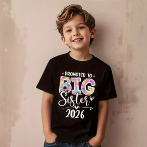 Girls' 2026 Promoted To Big Sister Pregnancy Announcement T-Shirt - Cute Sister Outfit With Heart & Sibling Design, Machine Washable Round Neck Short Sleeve Shirt For New Sibling Celebration, Spring Casual Wear (Pink & Multicolor Options)